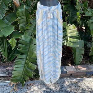 Surf gypsy pastel tie-dye pants with crochet and fringe